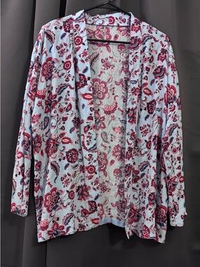 Floral Open-Front Cardigan Sweater - Pink Floral on Light Blue